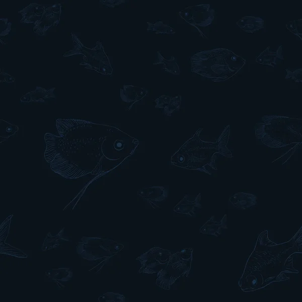 Płynny Wzór Wektora Tropikalnych Ryb Naszkicowanych Ciemnoniebieskim Tłem Ręcznie Rysowane — Wektor stockowy