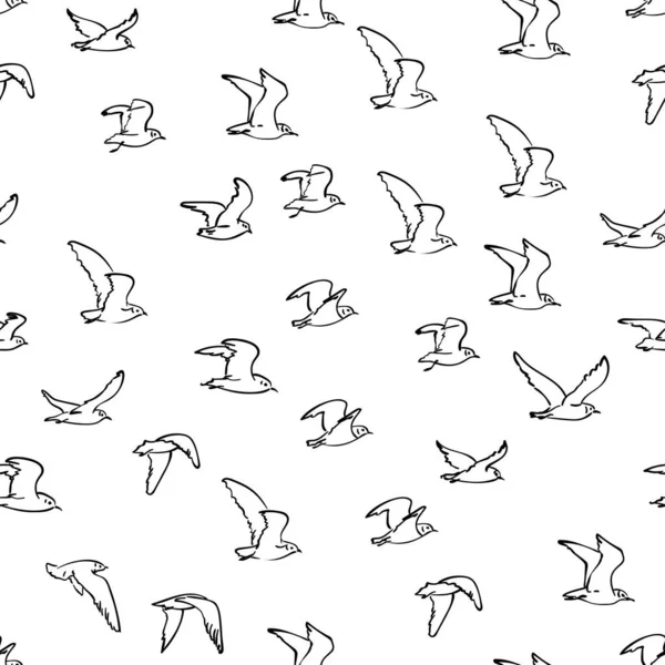 シームレスなパターン白い背景に描かれた空飛ぶ鳥の群れ ベクトル手描き — ストックベクタ