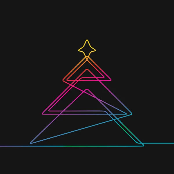 Eine Linienzeichnung Des Weihnachtsbaums Regenbogenfarben Auf Schwarzem Hintergrund Vektor Minimalistische — Stockvektor