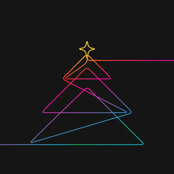 Eine Linienzeichnung Des Weihnachtsbaums Regenbogenfarben Auf Schwarzem Hintergrund Vektor Minimalistische — Stockvektor