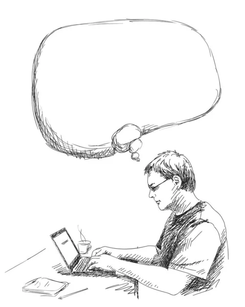 Homem Usando Laptop Casa Enquanto Sentado Atrás Mesa Digitando Teclado — Vetor de Stock