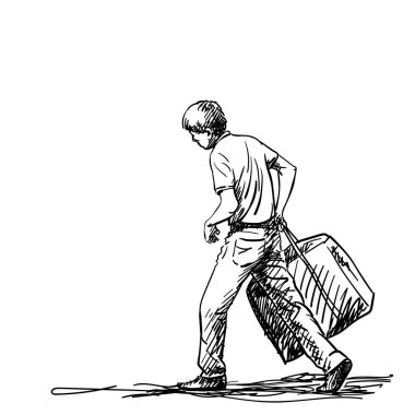 Büyük ağır bir çanta taşıyan sıska bir gencin çizimi, vektör çizimi.