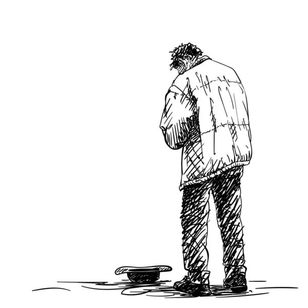 Drawing Man Old Beggar Begging Hat Ground Hand Drawn Illustration — Stock Vector