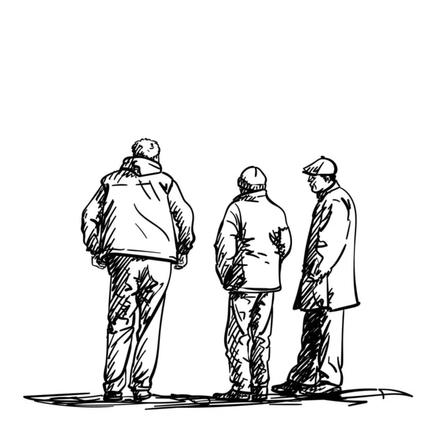 立っている人の絵3人の友人の男性が話して 前後からの眺め ベクトルスケッチ手描きイラスト孤立 — ストックベクタ