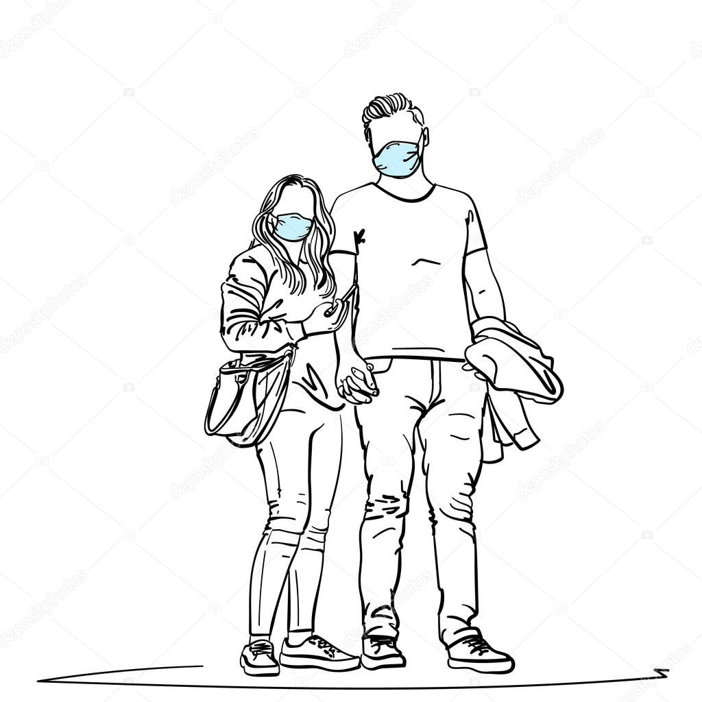 Drawing of young couple wearing medical face mask standing together holding hands. Coronavirus prevention people man and woman with no face. Vector sketch Hand drawn illustration