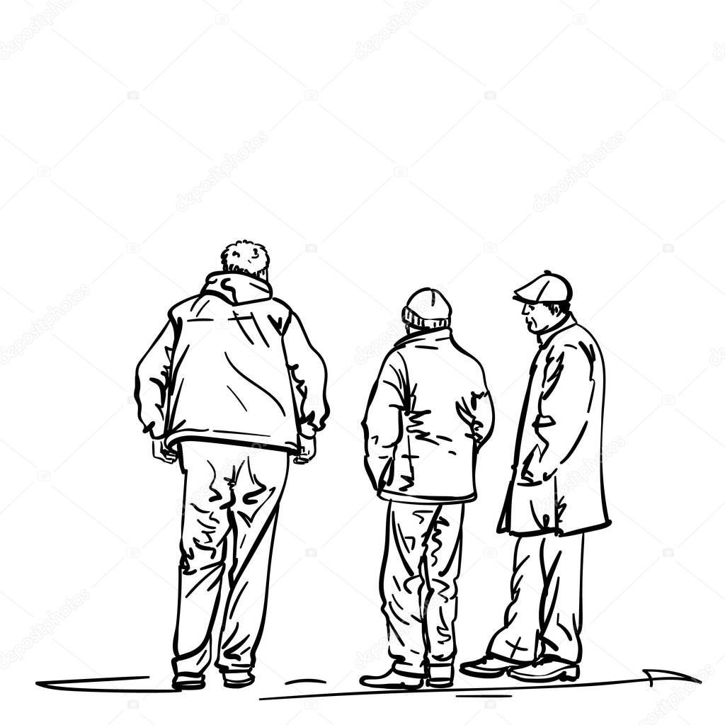 Drawing of standing people three friends men talking, View from back and side, Vector sketch Hand drawn line illustration isolated