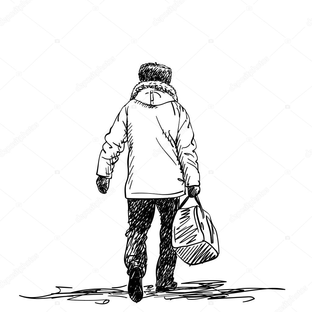 Drawing of mature man carrying duffel bag and wearing winter clothes, back view, Vector sketch Hand drawn illustration