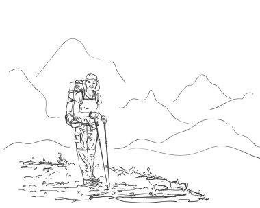 Dağlarda gezen kız sırt çantalı çizimleri, vektör çizgileri çizimleri, çizimler, çizimler.