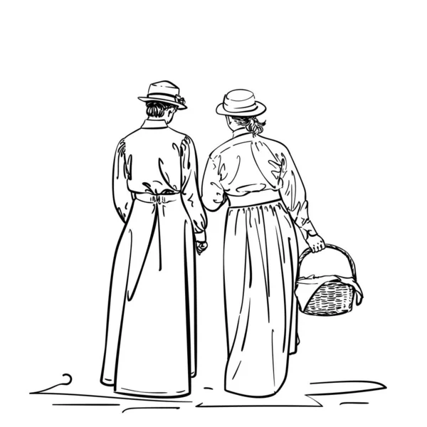 Drawing Two Girls Old Fashion Retro Dress Walking Away Women Royalty Free Stock Vectors