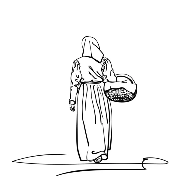 Drawing Girl Old Fashion Retro Peasant Dress Walking Away Basket Royalty Free Stock Illustrations