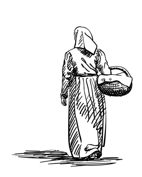 Drawing Girl Old Fashion Retro Peasant Dress Walking Away Basket Stock Illustration