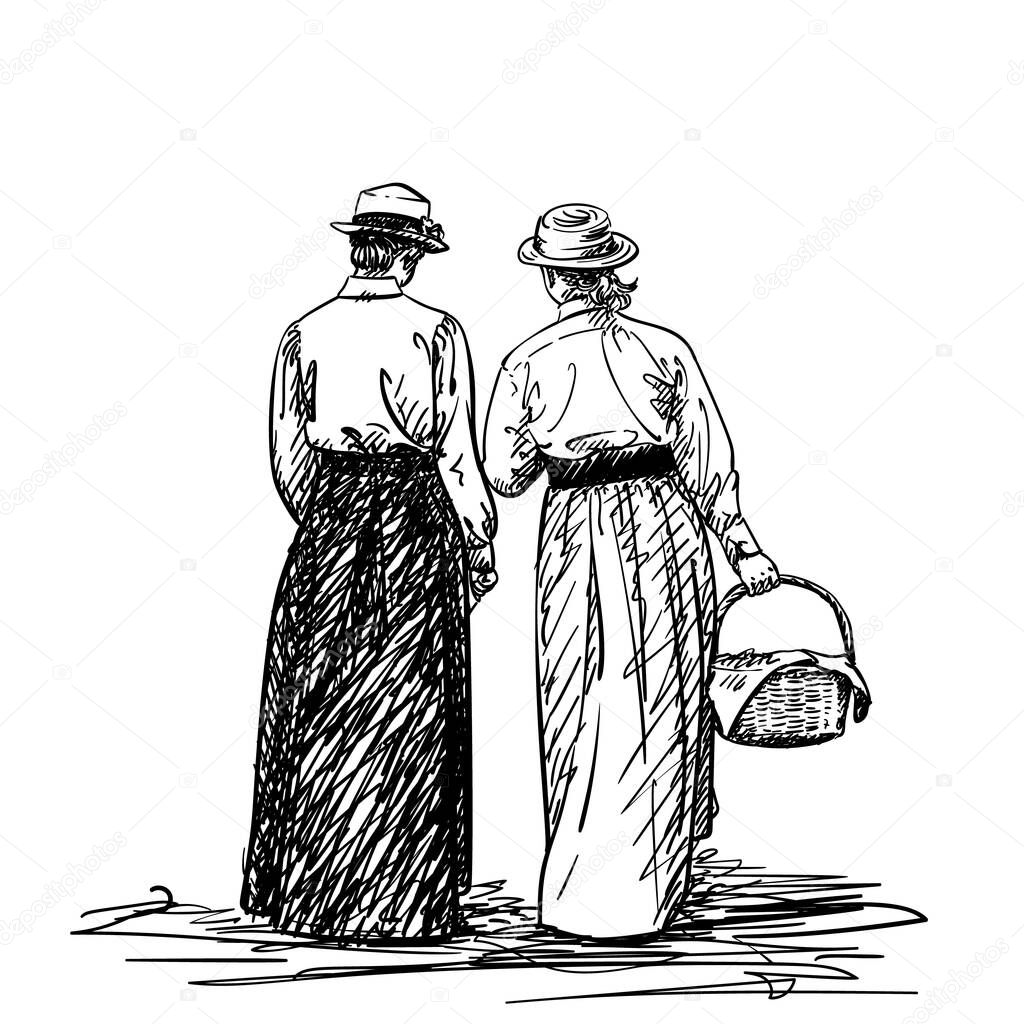 Drawing of two girls in old-fashion retro dress walking away, Women in vintage costumes and straw hats one is carrying basket, Hand drawn Vector illustration