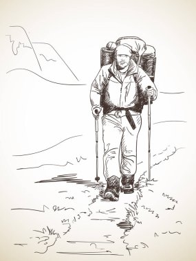 Büyük bir sırt çantasıyla yürüyen adamın çizimi. El çizimi vektör çizimi.