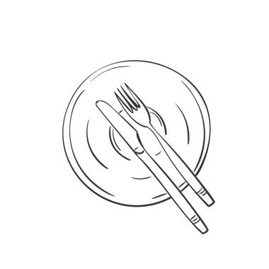 Tabak vektör çiziminde çatal ve bıçak var. Elle çizilmiş çatal bıçak çizimi. Vektör doğrusal çizimi, izole edilmiş