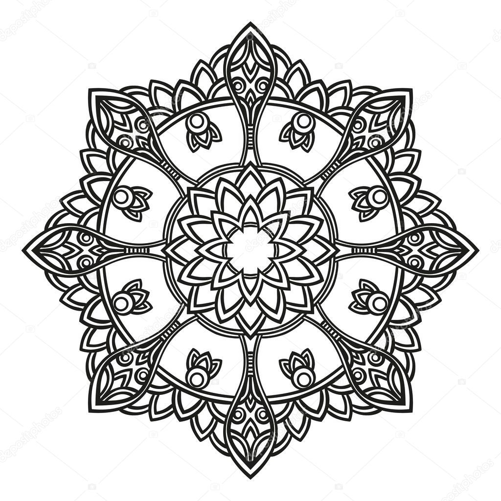 Round decorative samsara wheel mandala, Page for adult coloring book, Isolated design element Vector illustration