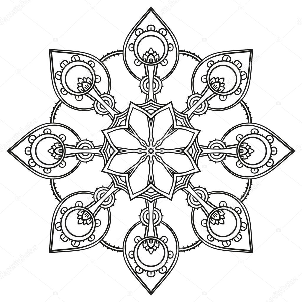 Round decorative samsara wheel mandala, Page for adult coloring book, Isolated design element Vector illustration