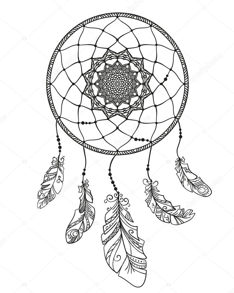 Hand drawn dreamcatcher with feathers, Page for adult coloring book, Ethnic isolated design element vector