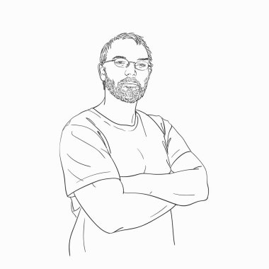 Man with arms crossed over his chest wearing glasses and beard hand drawn isolated, Vector sketch Hand drawn linear illustration vector Man with arms crossed over his chest wearing glasses and beard hand drawn isolated, Vector sketch Hand drawn linear illustration vector