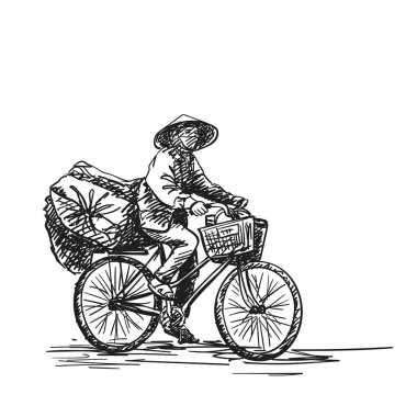 Vietnamlı şapkalı biri ağır yüklü bisikletle bisiklet sürüyor, vektör elle çizilmiş robot resim.