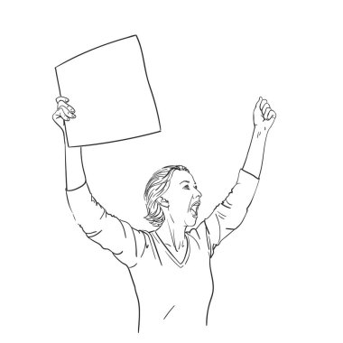 İtiraz ediyorum. Boş panosu olan kadın çığlık atıyor ve yumruğunu gösteriyor. Vektör çizimi, El çizimi resim çizimi