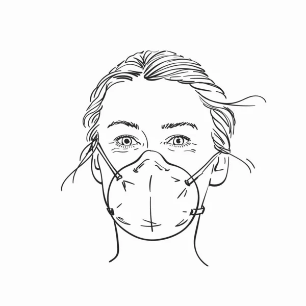 Sketch Woman Head Medical Face Mask Hand Draw Vector Linear — 스톡 벡터