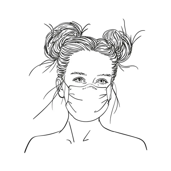 Esboço Retrato Menina Adolescente Máscara Facial Médica Com Cabelos Longos — Vetor de Stock