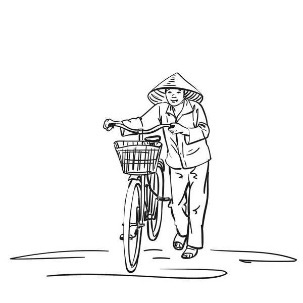 Mulher Chapéu Cônico Vietnamita Andando Com Bicicleta Vector Mão Desenhada —  Vetores de Stock