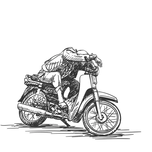 Homme Fait Une Sieste Sur Moto Vietnam Illustration Isolée Dessinée — Image vectorielle