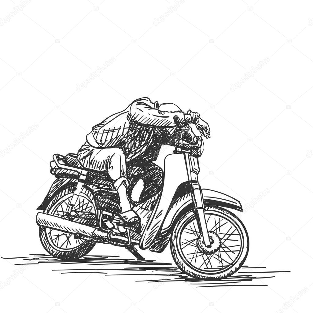 Man is taking a nap on his motorbike. Vietnam. Hand drawn isolated illustration, vector sketc