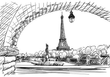 Bir-Hakeim Köprüsü Vektör skecinden Eyfel kulesi görüntüsü, Paris 'in simgesi, el çizimi siyah beyaz