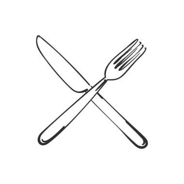 Vektör çatal bıçak takımı, çatal ve bıçak çizgisel çizim izole edilmiş resim, mutfak mutfak mutfak aletleri, beyaz arka plana siyah çizilmiş el.
