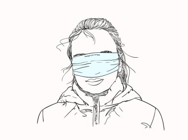 Tıbbi maskeli genç kızın robot resmi gözlerini ve burnunu kapatmış. Karantina, Pandemik, Coronavirus önleme. El çizimi illüstrasyon