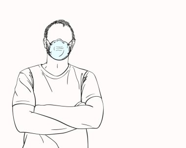 Man with no face in medical mask with arms crossed over his chest, Hand drawn portrait, Coronavirus prevention. Vector sketch vector Man with no face in medical mask with arms crossed over his chest, Hand drawn portrait, Coronavirus prevention. Vector sketch vector