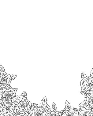 Gül buket çerçeve, çiçek tomurcuğu ve yaprak siyah el beyaz arka planda çizgi çiziyor. Tebrik kartı, davetiye, düğün, doğum günü, anneler günü ve diğer tatiller için sınır süsü
