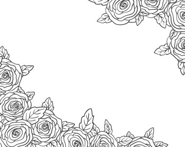 Gül buket çerçeve, çiçek tomurcuğu ve yaprak siyah el beyaz arka planda çizgi çiziyor. Tebrik kartı, davetiye, düğün, doğum günü, anneler günü ve diğer tatiller için kenar süsleri