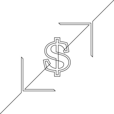 Oklarla dolar işaretinin sürekli çizimi, siyah ve beyaz vektör minimalist illüstrasyon