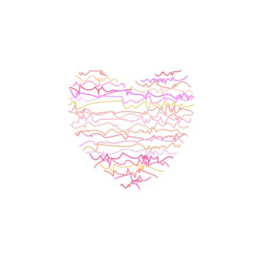 Rastgele renklerden oluşan buruşuk çizgilerden oluşan bir kalbi olan bir arka plan. Beyaz vektör illüstrasyonunda izole