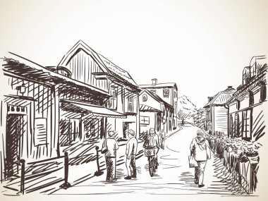 Samimi şehir sokaklarındaki insanlar, vektör çizimi, el çizimi illüstrasyonlar.