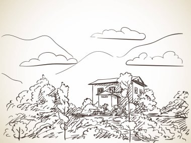 Dağ manzarasının arka planında ağaçlarla çevrili bir ev çizimi.