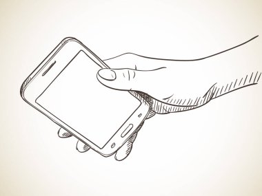 Boş ekranlı cep telefonu, vektör çizimi, beyaz üzerine el çizimi illüstrasyon.