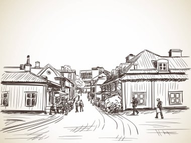Samimi kasaba sokaklarında yürüyen insanlar, vektör çizimleri, el çizimleri.