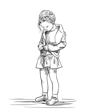 Bluzunun fermuarını çeken küçük bir kız, el çizimi çizimi izole edilmiş, vektör çizimi...