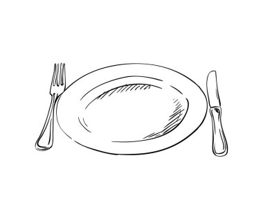 Tabak, bıçak ve çatal çizimi. El çizimi illüstrasyon, beyaz arkaplanda izole edilmiş vektör siyah çizgiler