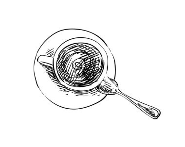 Beyaz arkaplanda kaşıkla izole edilmiş çay fincanı çizimi, yukarıdan el çizimi vektör resimleme görünümü