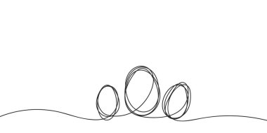 Yumurta çizgisi sanatı, Paskalya tatilleri için üç farklı yumurta, siyah beyaz grafikler, vektör illüstrasyon tasarım elementi, aralıksız bir çizgi çizimi.