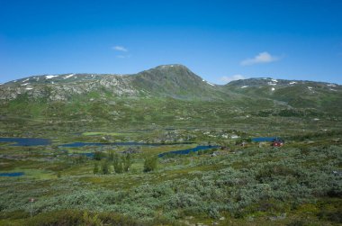 Sıcak yaz güneşli bir günde mavi gökyüzü ile İskandinavya 'nın kutup doğası. İsveç Laponya 'da Unna Allakas dağ kulübeleri