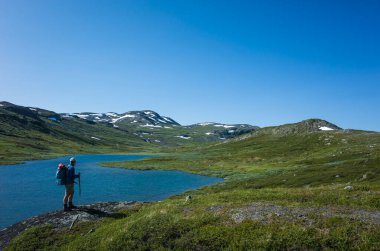 Hiking in Swedish Lapland. Man traveler trekking alone with view of mountain lake Allagasjavri in Sweden. Arctic nature of Scandinavia in warm summer sunny day with blue sky clipart
