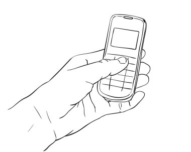 El ele tutuşan cep telefonu, vektör çizimi, beyaz üzerine el çizimi illüstrasyon.