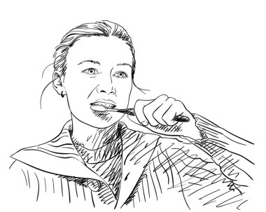 Yooung 'un dişlerini fırçalayan kadın, vektör çizimi, beyaza izole edilmiş el çizimi.