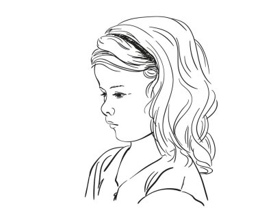 Genç kızın düşünceli güzel yüzü, vektör çizimi, beyaza izole edilmiş el çizimi.